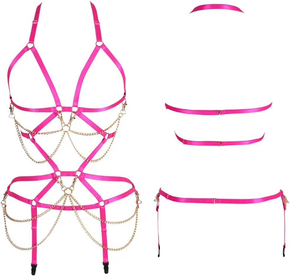 Women's Full Body Harness Bra Garter Set Lingerie cage Punk Gothic Belt Festival Rave Body Chain Stretchy Fabric
