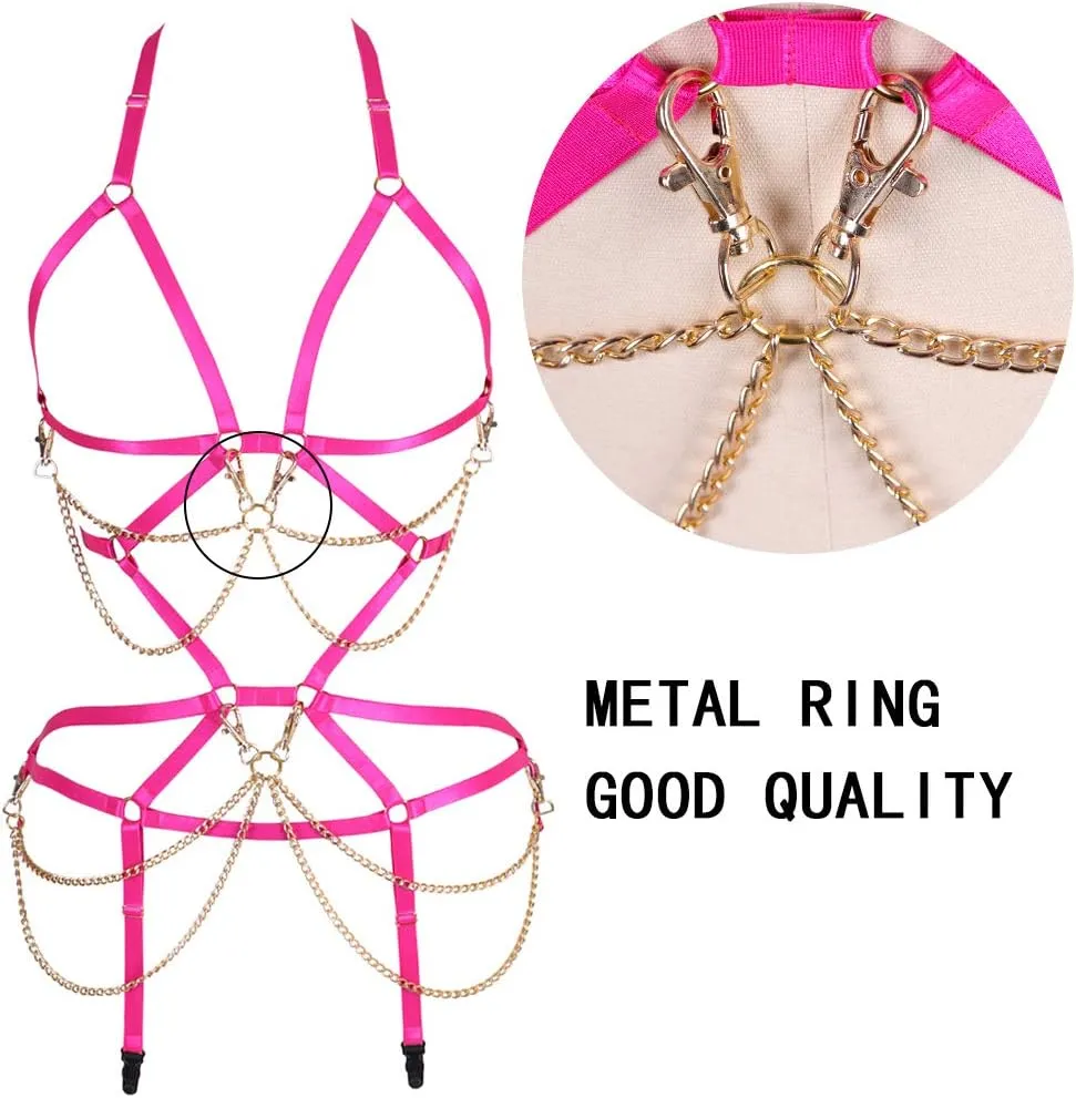 Women's Full Body Harness Bra Garter Set Lingerie cage Punk Gothic Belt Festival Rave Body Chain Stretchy Fabric