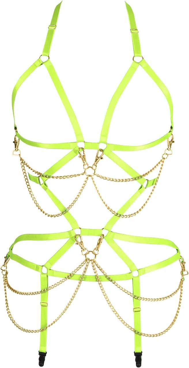 Women's Full Body Harness Bra Garter Set Lingerie cage Punk Gothic Belt Festival Rave Body Chain Stretchy Fabric