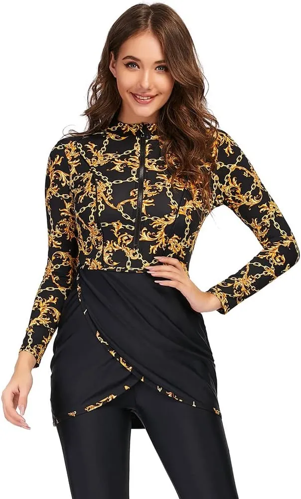 Womens Muslim Islamic Long Sleeves Burkini Swimsuits Swimwear Modest Hijab Top Pants Rashguard Full Cover Floral Bathing Suit