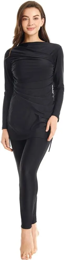 Womens Muslim Islamic Long Sleeves Burkini Swimsuits Swimwear Modest Hijab Top Pants Rashguard Full Cover Floral Bathing Suit