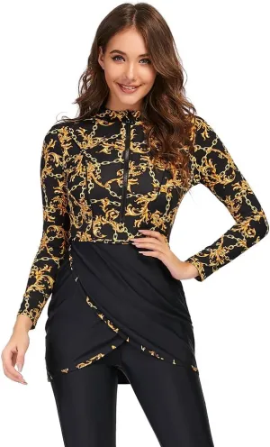 Womens Muslim Islamic Long Sleeves Burkini Swimsuits Swimwear Modest Hijab Top Pants Rashguard Full Cover Floral Bathing Suit