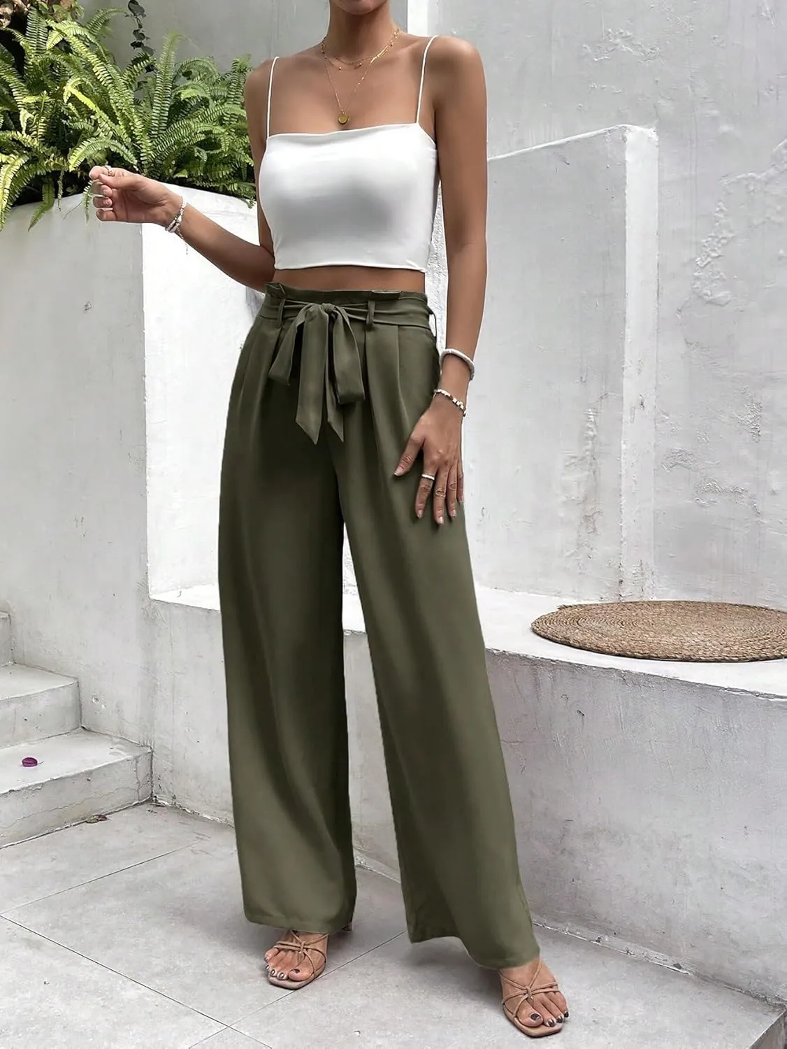 Womens Paperbag Waist Belted Wide Leg Pants Zipper Long Pant Trousers for Women
