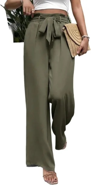 Womens Paperbag Waist Belted Wide Leg Pants Zipper Long Pant Trousers for Women