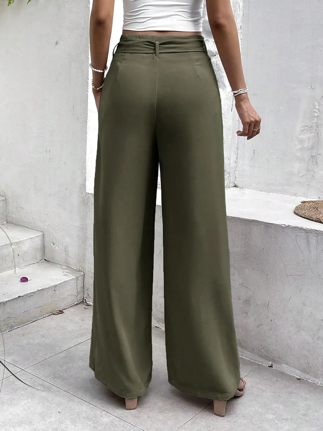Womens Paperbag Waist Belted Wide Leg Pants Zipper Long Pant Trousers for Women
