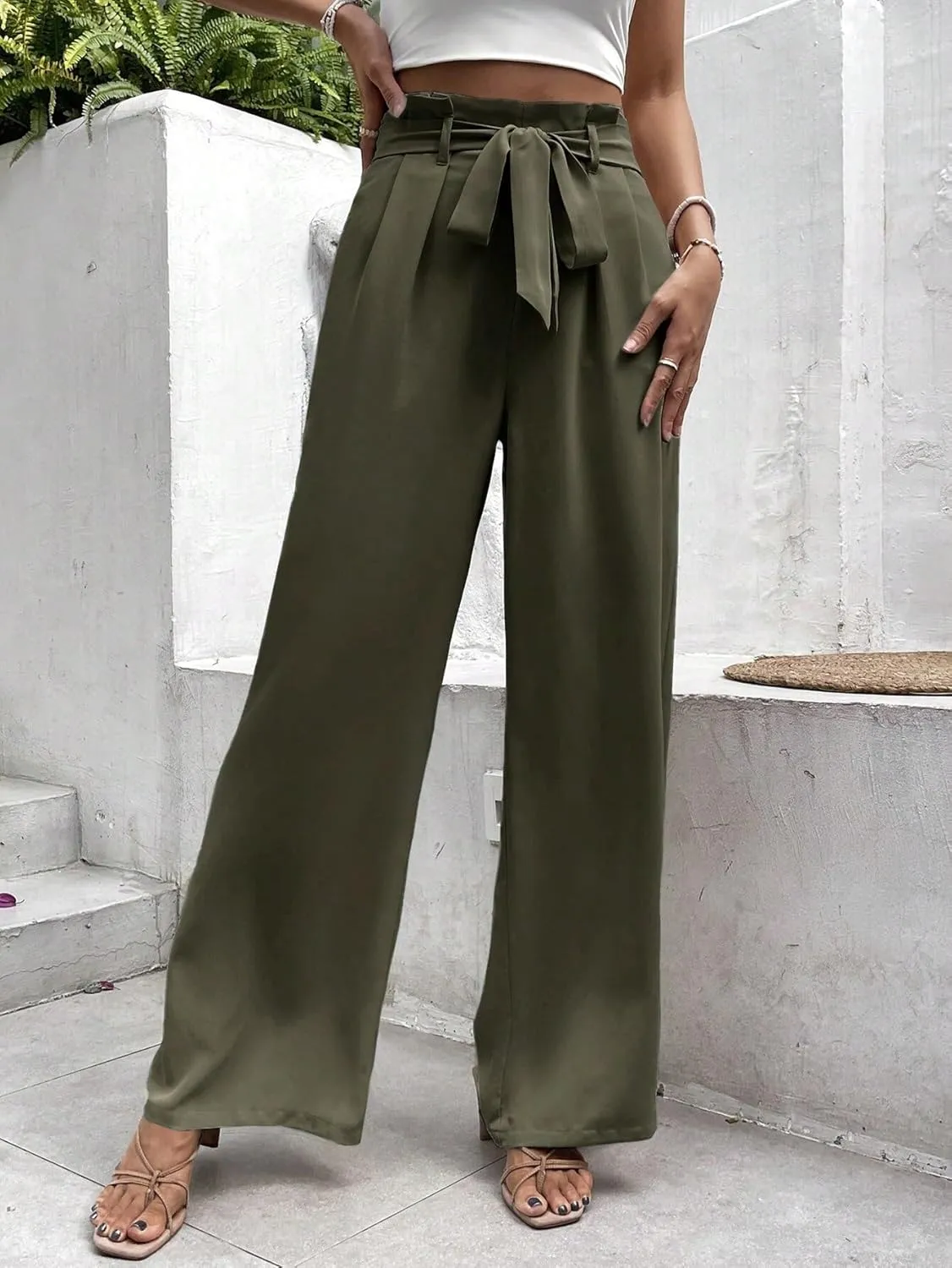 Womens Paperbag Waist Belted Wide Leg Pants Zipper Long Pant Trousers for Women