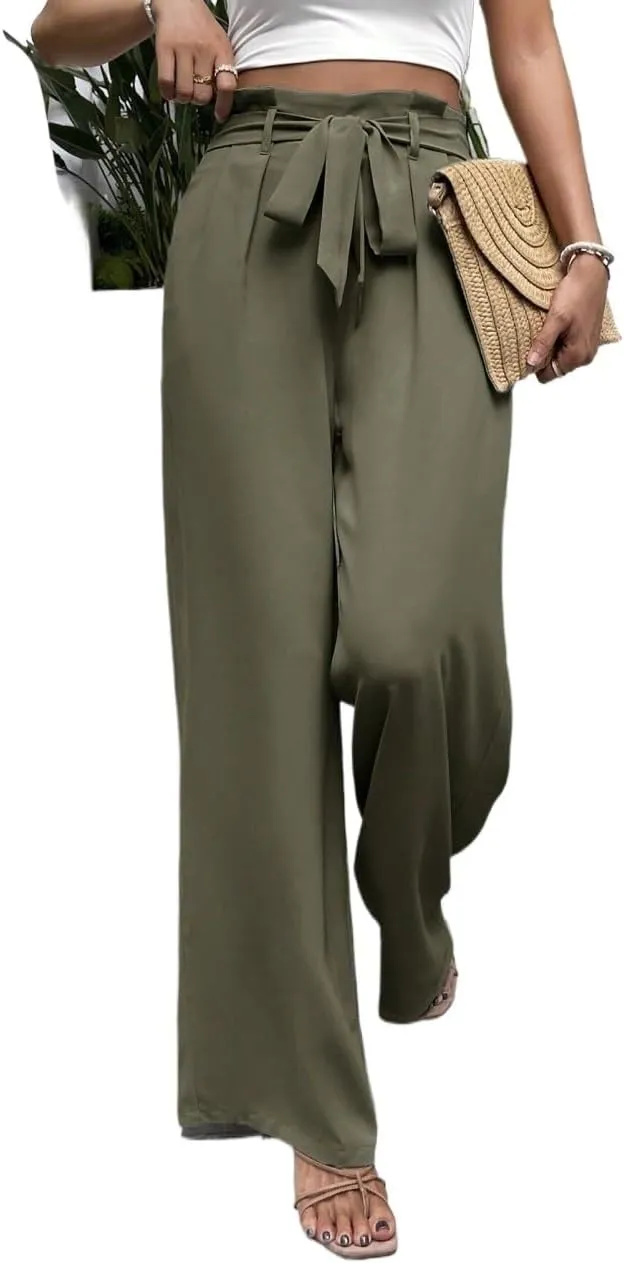 Womens Paperbag Waist Belted Wide Leg Pants Zipper Long Pant Trousers for Women