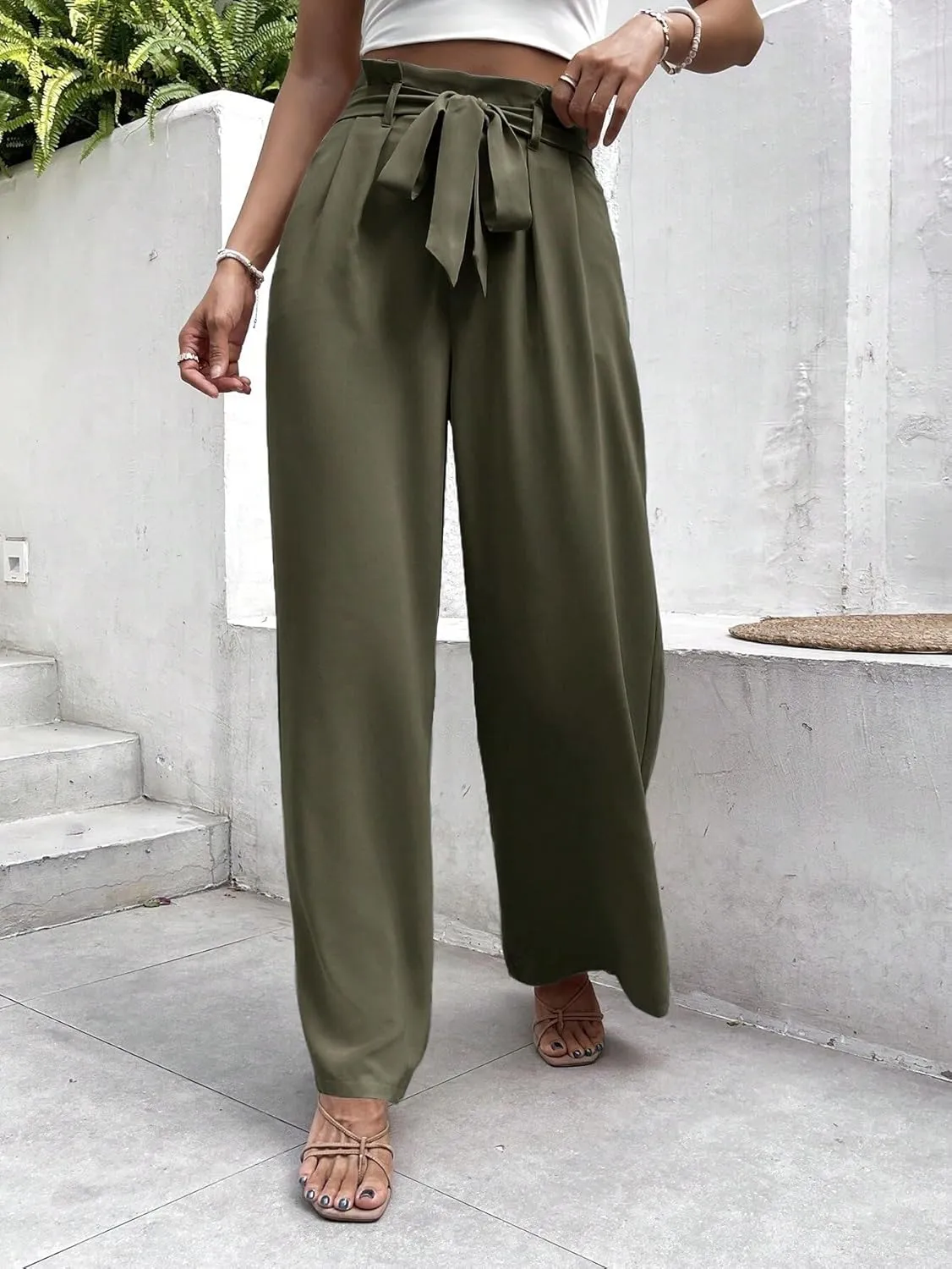 Womens Paperbag Waist Belted Wide Leg Pants Zipper Long Pant Trousers for Women