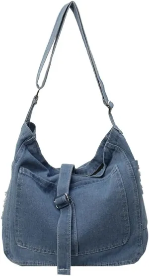 Women's Retro Large Canvas Denim Shoulder Bag Denim Crossbody Handbags Casual Style Lightweight Tote Purse