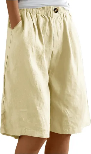 Womens Shorts Casual Loose Summer Beach Knee Length Flared Shorts Trendy Flowy Lounge Cotton Linen Half Shorts with Pockets