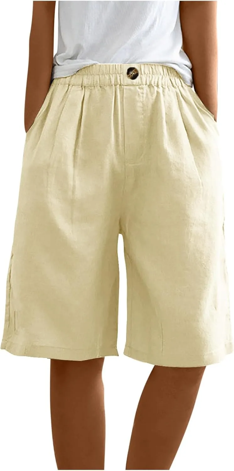 Womens Shorts Casual Loose Summer Beach Knee Length Flared Shorts Trendy Flowy Lounge Cotton Linen Half Shorts with Pockets