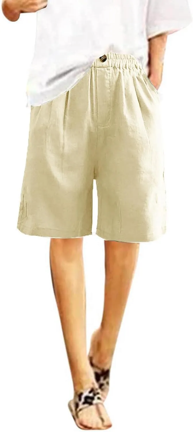 Womens Shorts Casual Loose Summer Beach Knee Length Flared Shorts Trendy Flowy Lounge Cotton Linen Half Shorts with Pockets