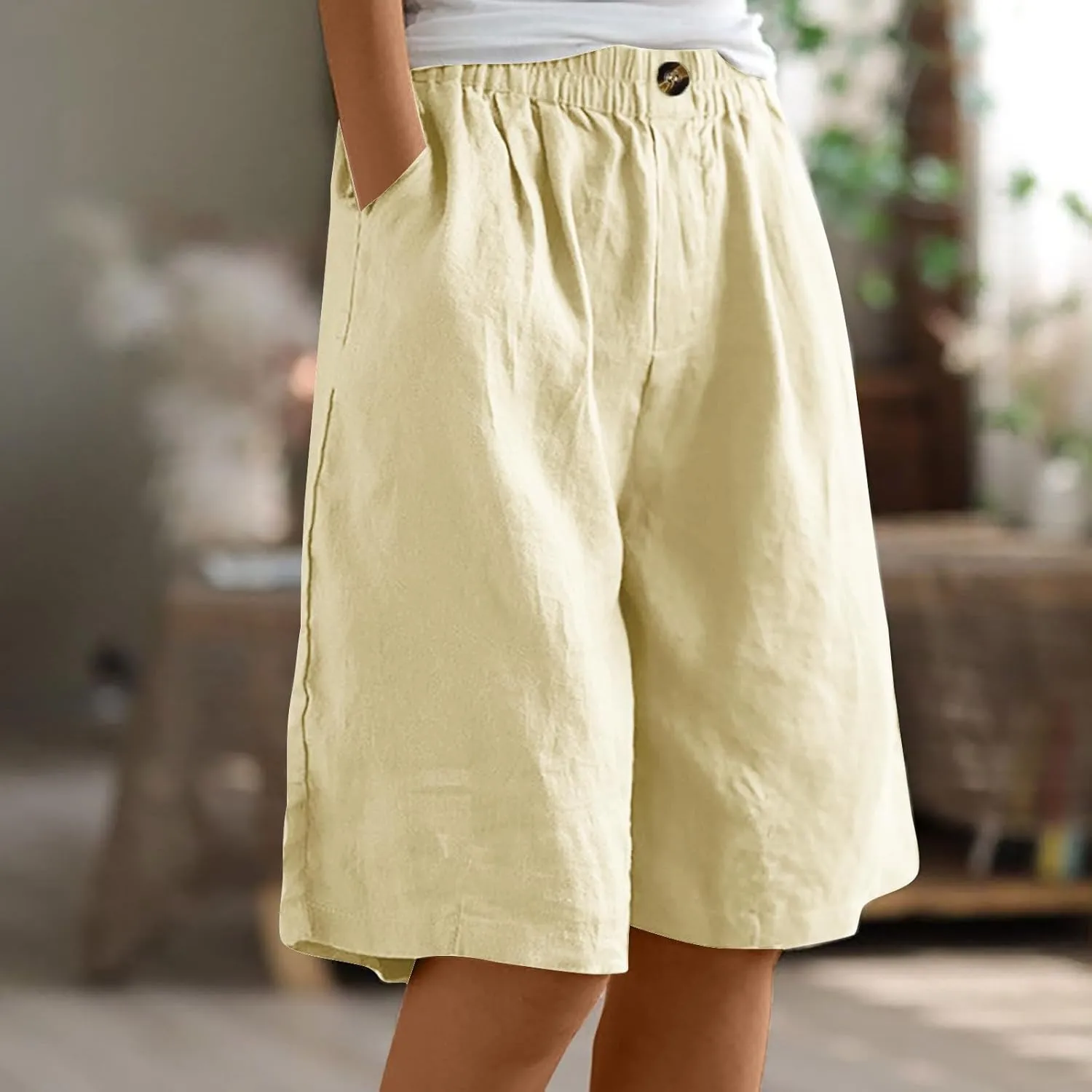 Womens Shorts Casual Loose Summer Beach Knee Length Flared Shorts Trendy Flowy Lounge Cotton Linen Half Shorts with Pockets