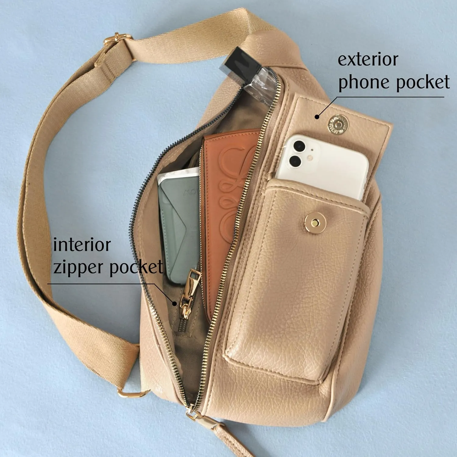 Women's Sling Bag Vegan Leather Fanny Packs Crossbody bag with Adjustable Shoulder Strap Chest Bag for Travel (Nude)