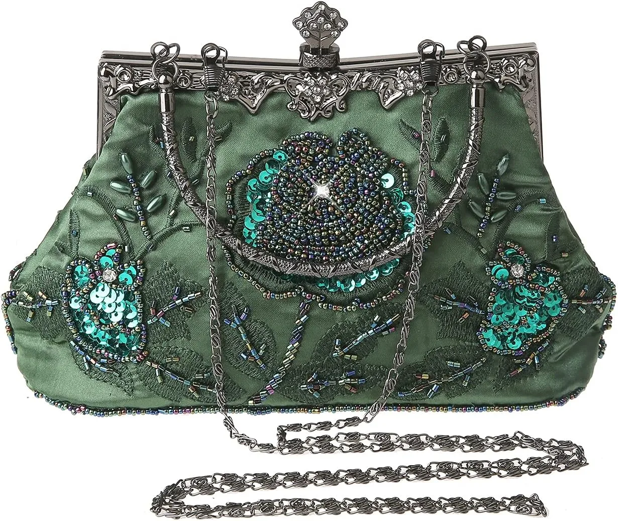 Womens Vintage Floral Beaded Rhinestone Embroidery Clutch Sequin Crossbody Bag Evening Handbag for Bridal Wedding Party Prom