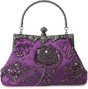 Womens Vintage Floral Beaded Rhinestone Embroidery Clutch Sequin Crossbody Bag Evening Handbag for Bridal Wedding Party Prom