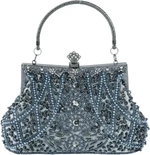 Womens Vintage Floral Beaded Rhinestone Embroidery Clutch Sequin Crossbody Bag Evening Handbag for Bridal Wedding Party Prom