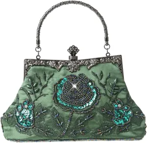 Womens Vintage Floral Beaded Rhinestone Embroidery Clutch Sequin Crossbody Bag Evening Handbag for Bridal Wedding Party Prom