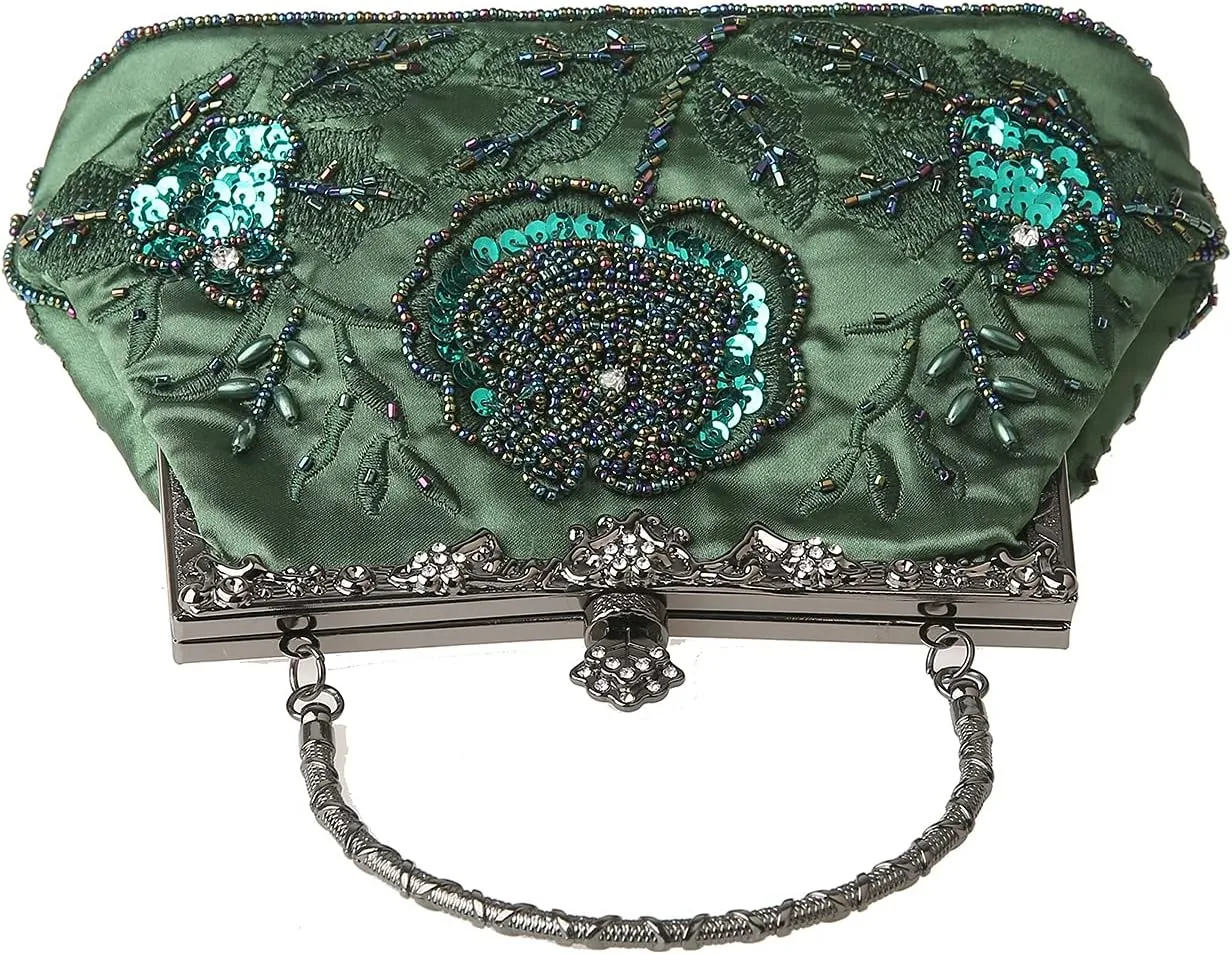 Womens Vintage Floral Beaded Rhinestone Embroidery Clutch Sequin Crossbody Bag Evening Handbag for Bridal Wedding Party Prom