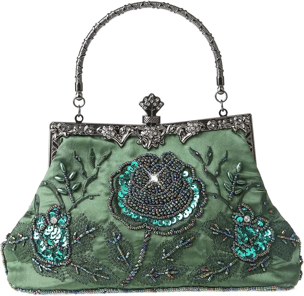 Womens Vintage Floral Beaded Rhinestone Embroidery Clutch Sequin Crossbody Bag Evening Handbag for Bridal Wedding Party Prom