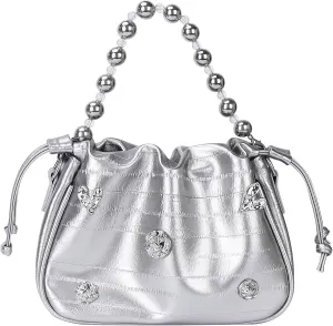 Womens Y2k Sparkly Silver Hobo Bag Tote Evening Bag Metallic Clutch Satchel Shoulder Bag for Wedding Party Prom