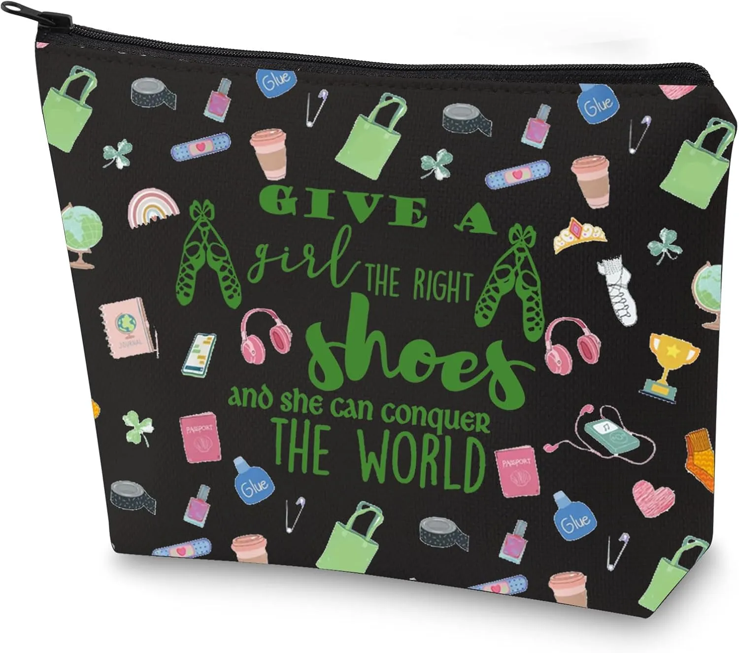 WZMPA Irish Dancer Cosmetic Bag - Dance Teacher Gift, Makeup Zipper Pouch, Team Gift - The Right Shoes and She Can Conquer the World (Give a Shoes BL)