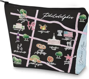 WZMPA Philadelphia City Map Cosmetic Bag Philadelphia Travel Souvenir Gift Philadelphia Long Distance Relationship Makeup Zipper Pouch Bag For Family Friend (Philadelphia BL)