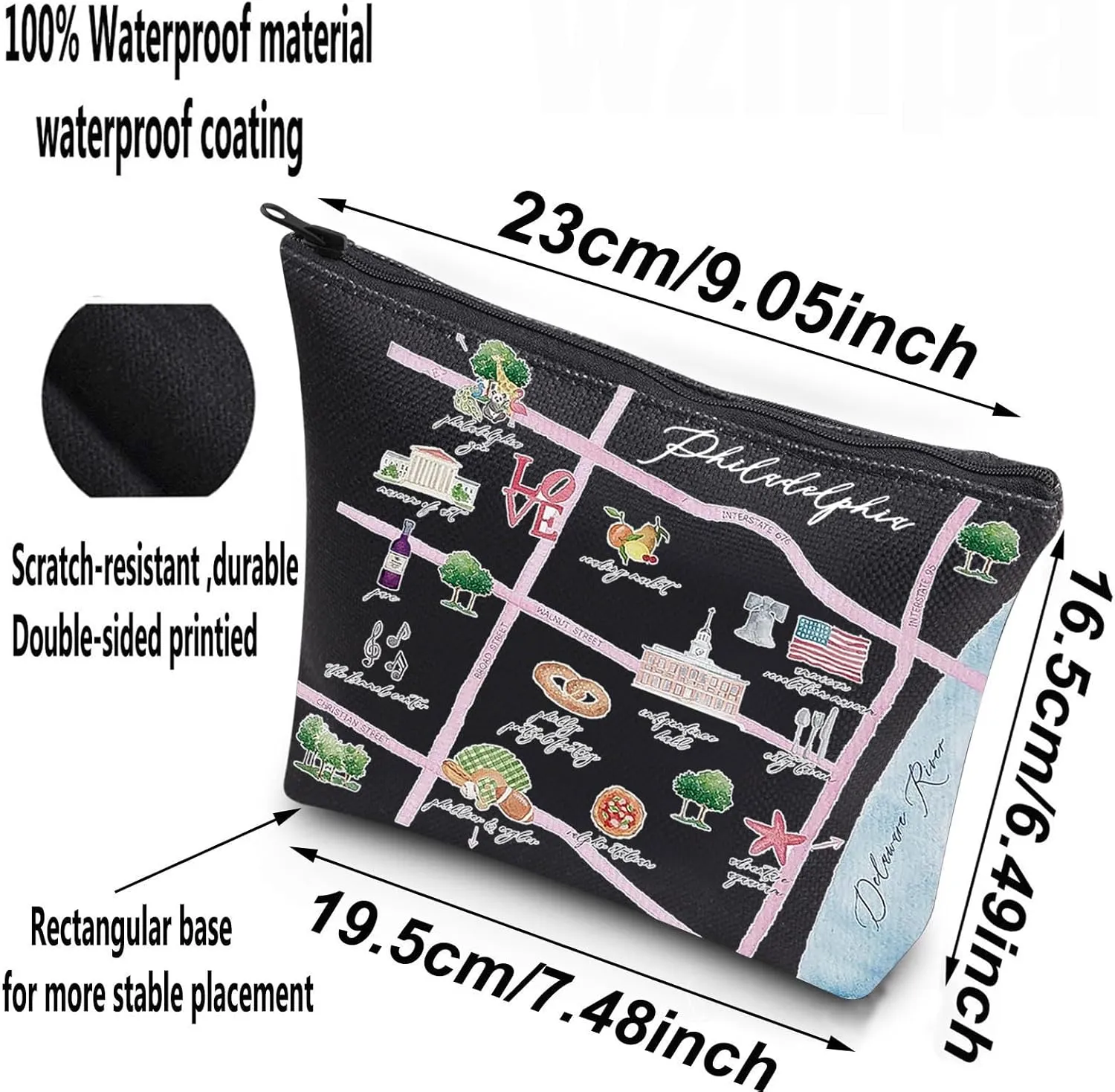 WZMPA Philadelphia City Map Cosmetic Bag Philadelphia Travel Souvenir Gift Philadelphia Long Distance Relationship Makeup Zipper Pouch Bag For Family Friend (Philadelphia BL)