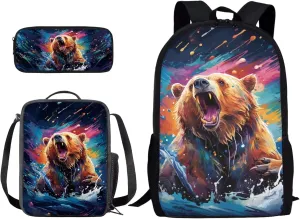 Xoenoiee Colorful Paint Bear Pattern Back to School Backpack Set of 3 Pack Teens Primary Schoolbag Thermal Lunch Box Pencil Bag 3 in 1 for Boys Girls