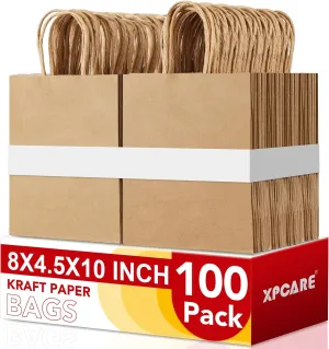 XPCARE 100Pack Brown Paper Bags 8x4.5x10 Inch, Medium Plain Kraft Paper Gift & Retail Bags with Handles