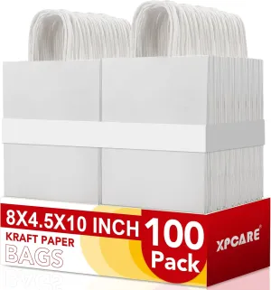 XPCARE 100Pack White 8x4.5x10 Inch Plain Medium Paper Bags, With Handles - Kraft Gift & Retail Packages