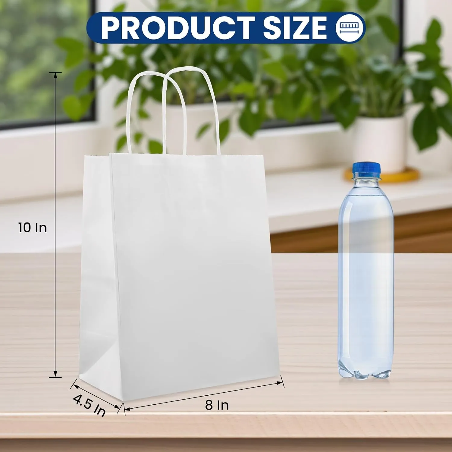 XPCARE 100Pack White 8x4.5x10 Inch Plain Medium Paper Bags, With Handles - Kraft Gift & Retail Packages