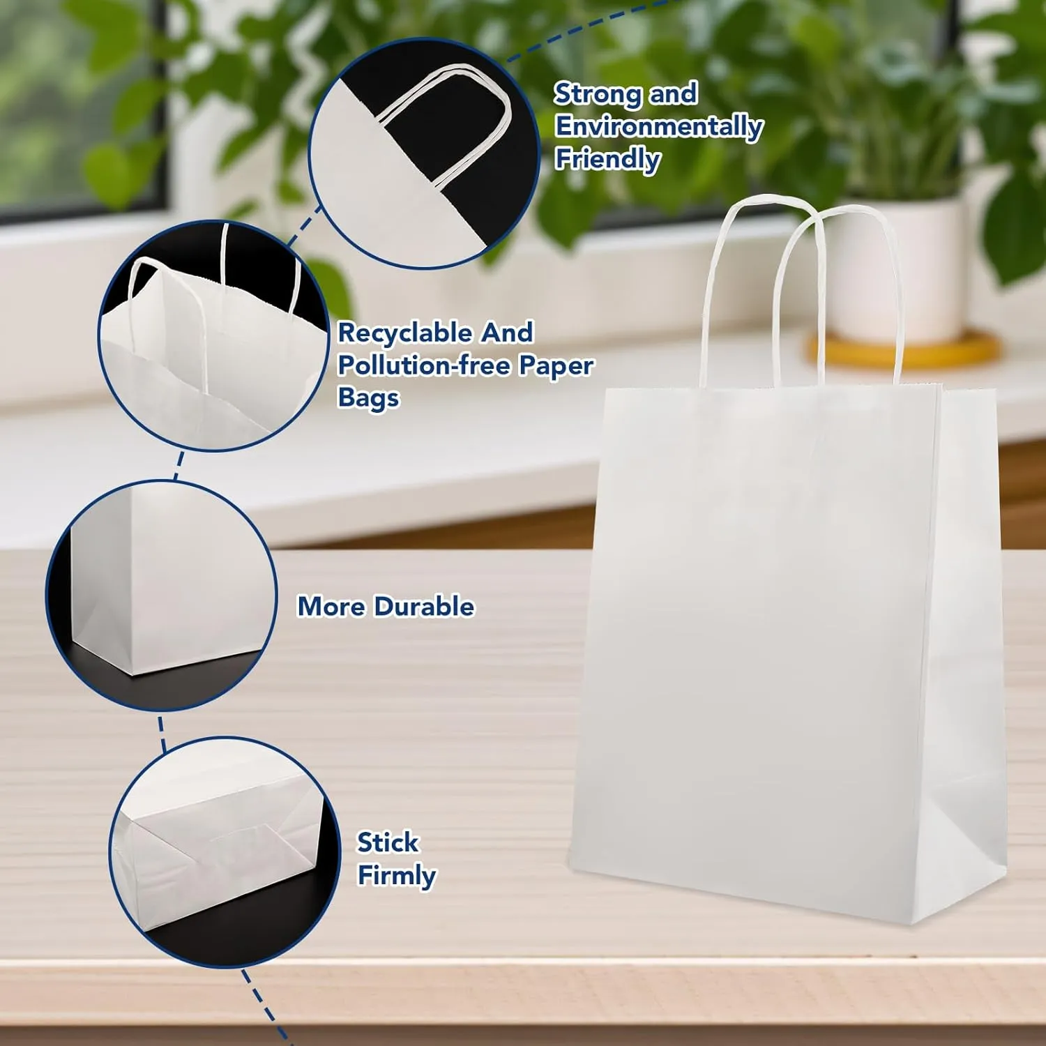 XPCARE 100Pack White 8x4.5x10 Inch Plain Medium Paper Bags, With Handles - Kraft Gift & Retail Packages