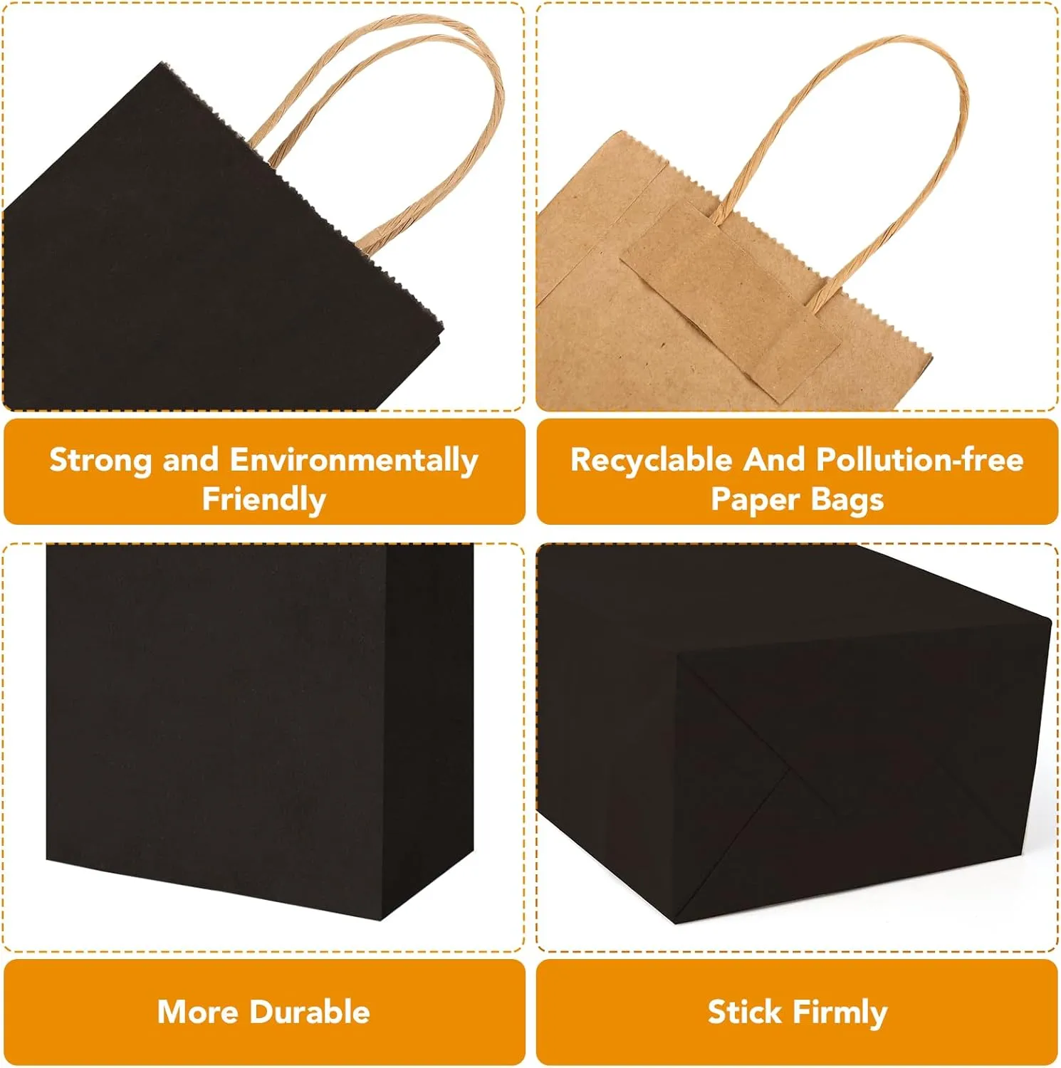 XPCARE 100Pcs Paper Gift Bags 5.25x3.25x8.25'', Small Paper Bags with Handles Bulk, Kraft Paper Bags for Birthday Party Favors, Shopping, Retail Black