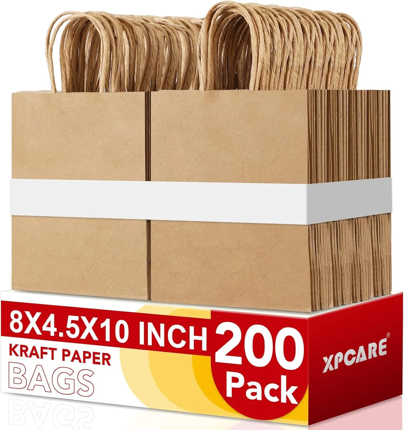 XPCARE 200Pack Paper Bags 8x4.5x10 Inch, Plain Medium Paper Bags with Handles Bulk, Kraft Paper Gift Bags, Retail Bags, Party Bags, Shopping Bags, Favor Bags (Brown)