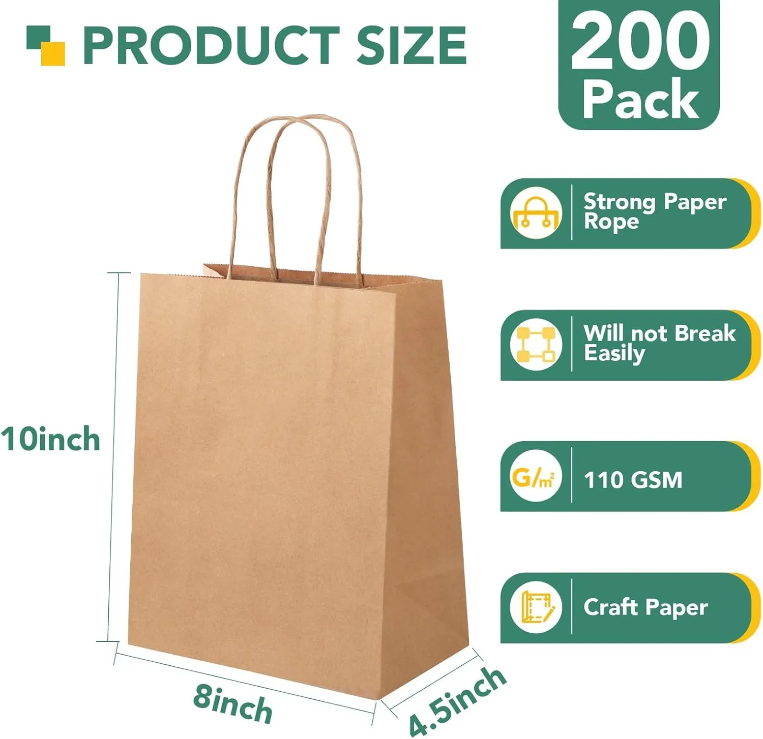 XPCARE 200Pack Paper Bags 8x4.5x10 Inch, Plain Medium Paper Bags with Handles Bulk, Kraft Paper Gift Bags, Retail Bags, Party Bags, Shopping Bags, Favor Bags (Brown)