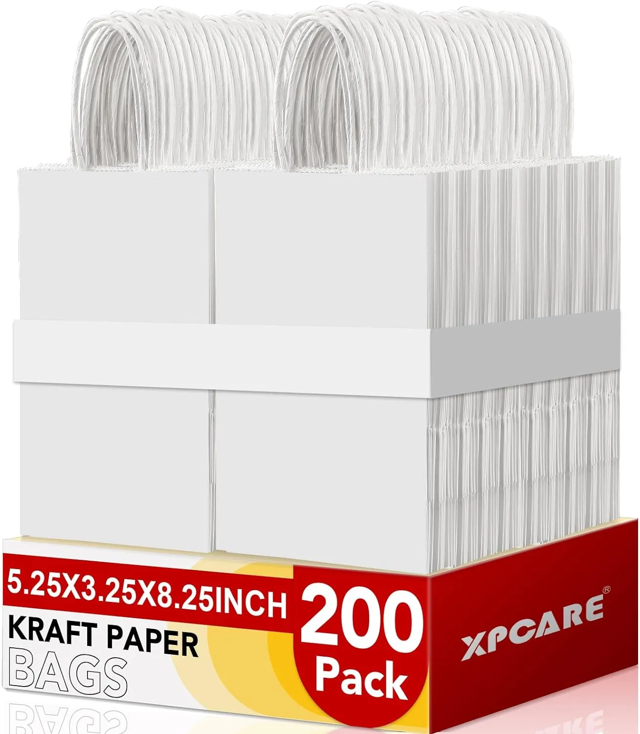 XPCARE 200Pcs Paper Gift Bags 5.25x3.25x8.25'', Gift Wrap Bags with Handles White Kraft Paper Bags for Small Business Paper Bags Bulk for Birthday Party Favors Shopping Retail