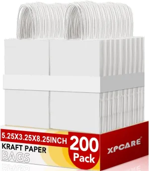 XPCARE 200Pcs Paper Gift Bags 5.25x3.25x8.25'', Gift Wrap Bags with Handles White Kraft Paper Bags for Small Business Paper Bags Bulk for Birthday Party Favors Shopping Retail