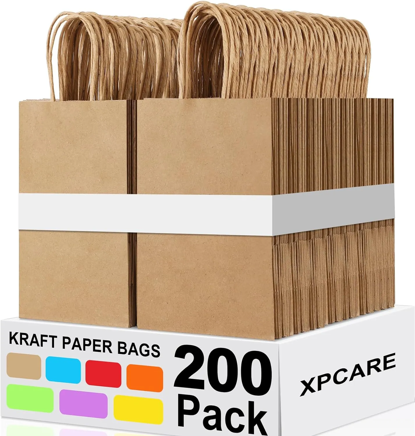 XPCARE 200Pcs Paper Gift Bags 5.25x3.25x8.25'',Gift Wrap Bags with Handles Brown Kraft Paper Bags for Small Business Paper Bags Bulk for Birthday Party Favors Shopping Retail