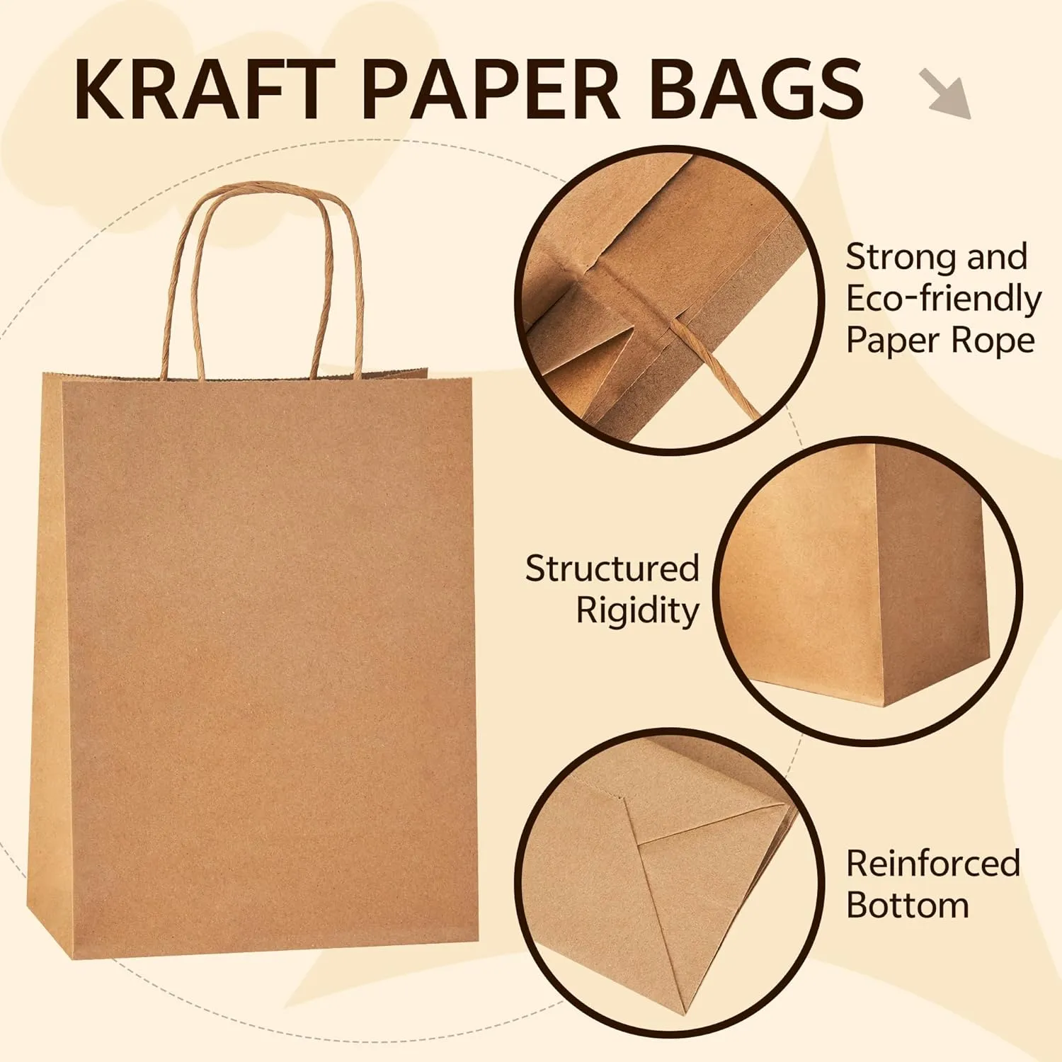 YEEHAW Brown Paper Bags with Handles Bulk 50Pcs Gift Bags Medium Size, 8"x4.5"x10.8", Multi-Purpose, Neutral Theme
