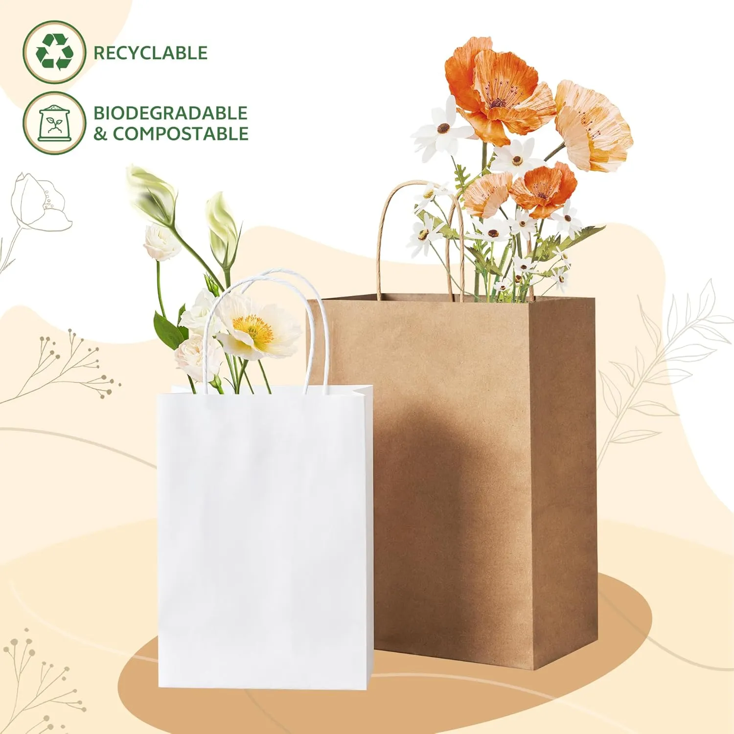 YEEHAW Brown Paper Bags with Handles Bulk 50Pcs Gift Bags Medium Size, 8"x4.5"x10.8", Multi-Purpose, Neutral Theme