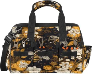 Yellow Floral Bee Wide Mouth Tool Bags for Men and Women Bee 14.8-Inch Tool Tote Bag Pouch Heavy Duty Tool Organizer Bag with Adjustable Strape for Plumbers Electricians Handymen