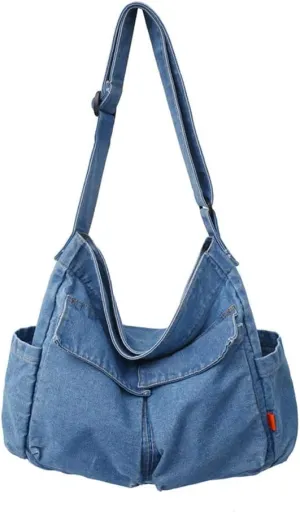 Yohora Denim Shoulder Bag Casual Style Lightweight Retro Travel Shopper Crossbody Handbag for Women Jean Tote Purse