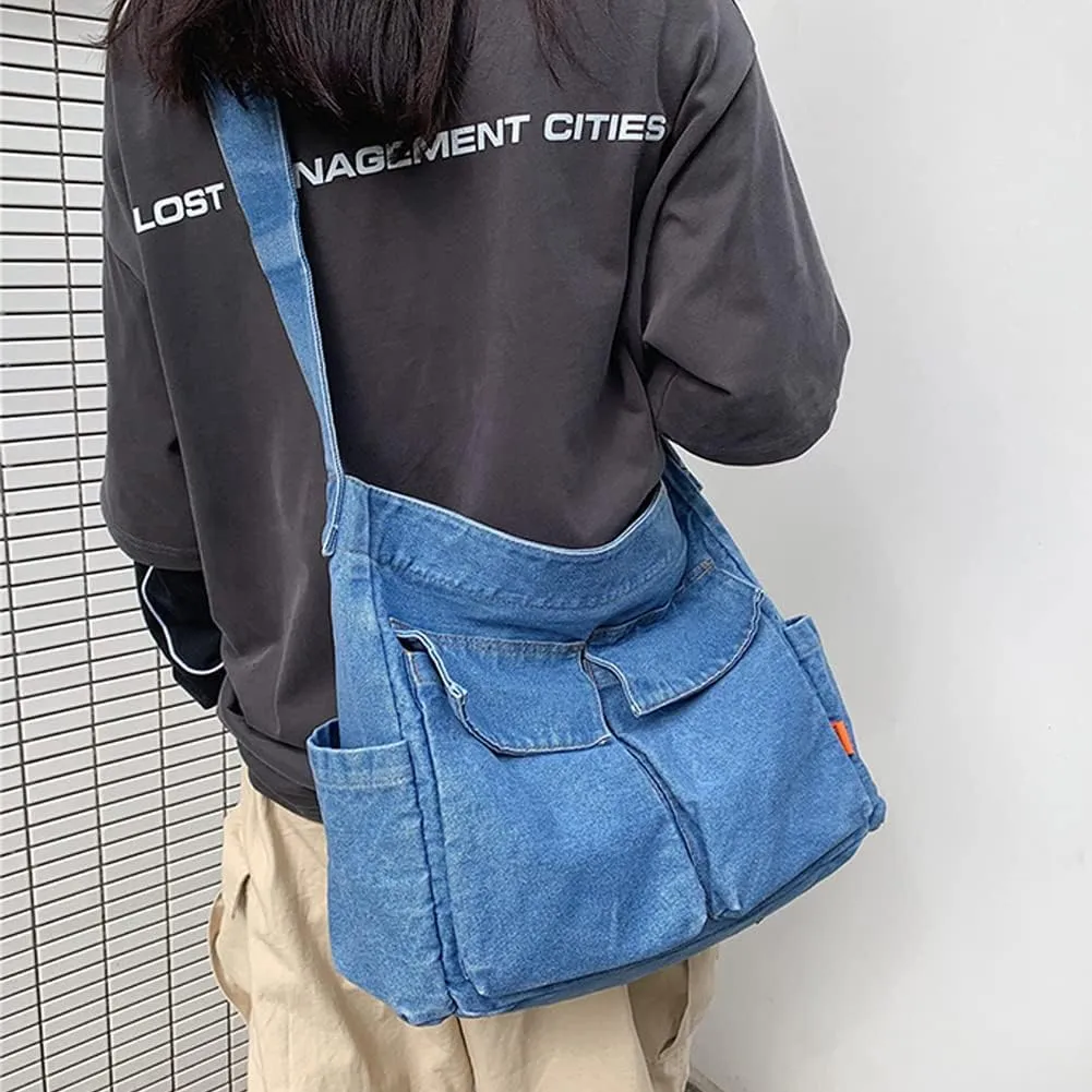 Yohora Denim Shoulder Bag Casual Style Lightweight Retro Travel Shopper Crossbody Handbag for Women Jean Tote Purse