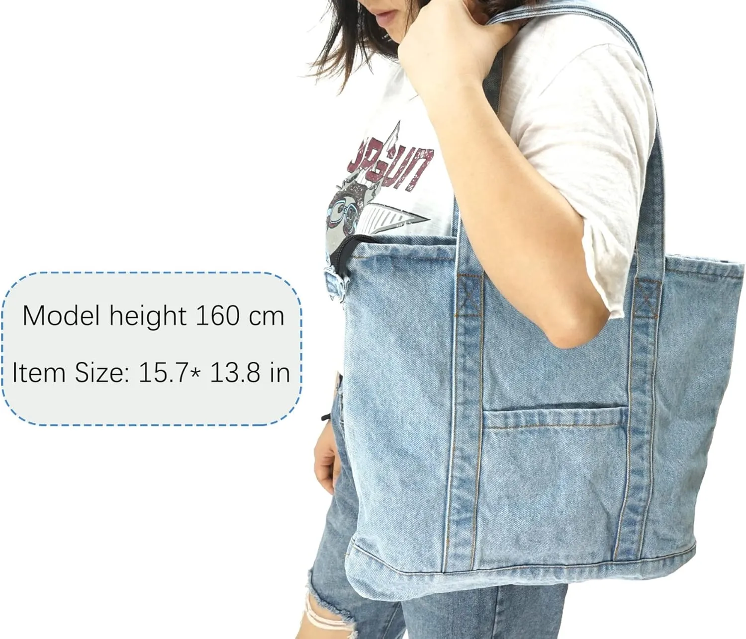 YunZh Denim Tote Bag Casual Style Lightweight Classic Retro Travel Shopper Shoulder Handbag