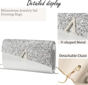 YYW 4 Pieces Women Evening Handbags Clutch Purses Shoulder Bag with Rhinestone Jewelry Set for Party Wedding