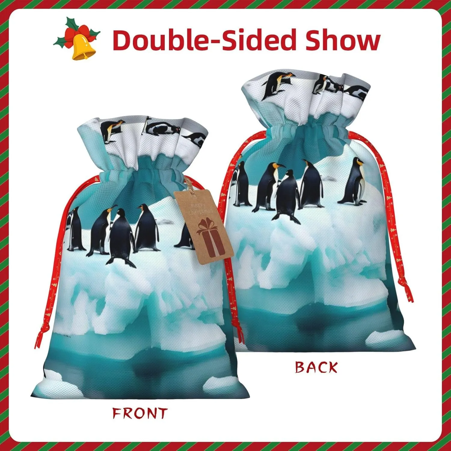 ZISHAK Penguins On The Iceberg Drawstring Fabric Gift Bags–ideal Holiday Gift Bags For Any Occasion