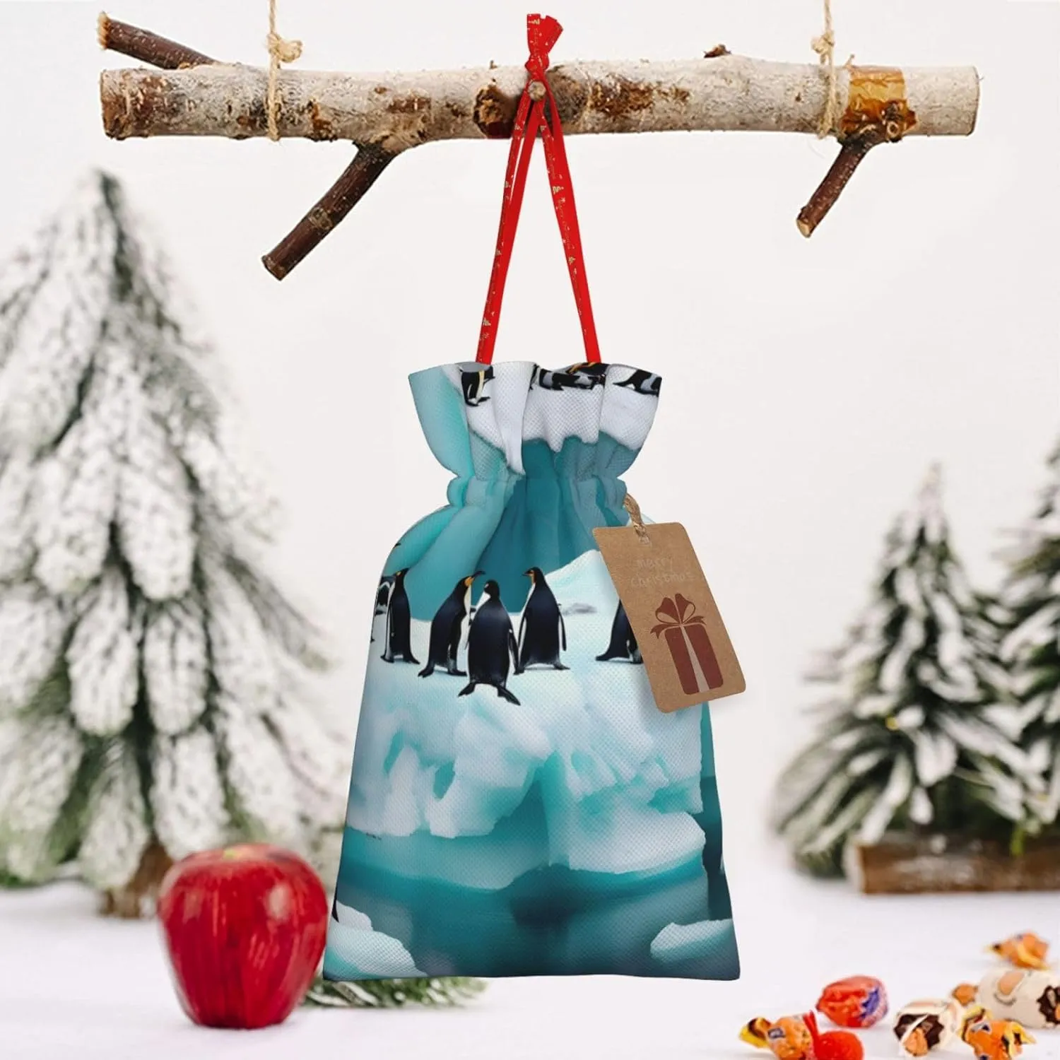 ZISHAK Penguins On The Iceberg Drawstring Fabric Gift Bags–ideal Holiday Gift Bags For Any Occasion