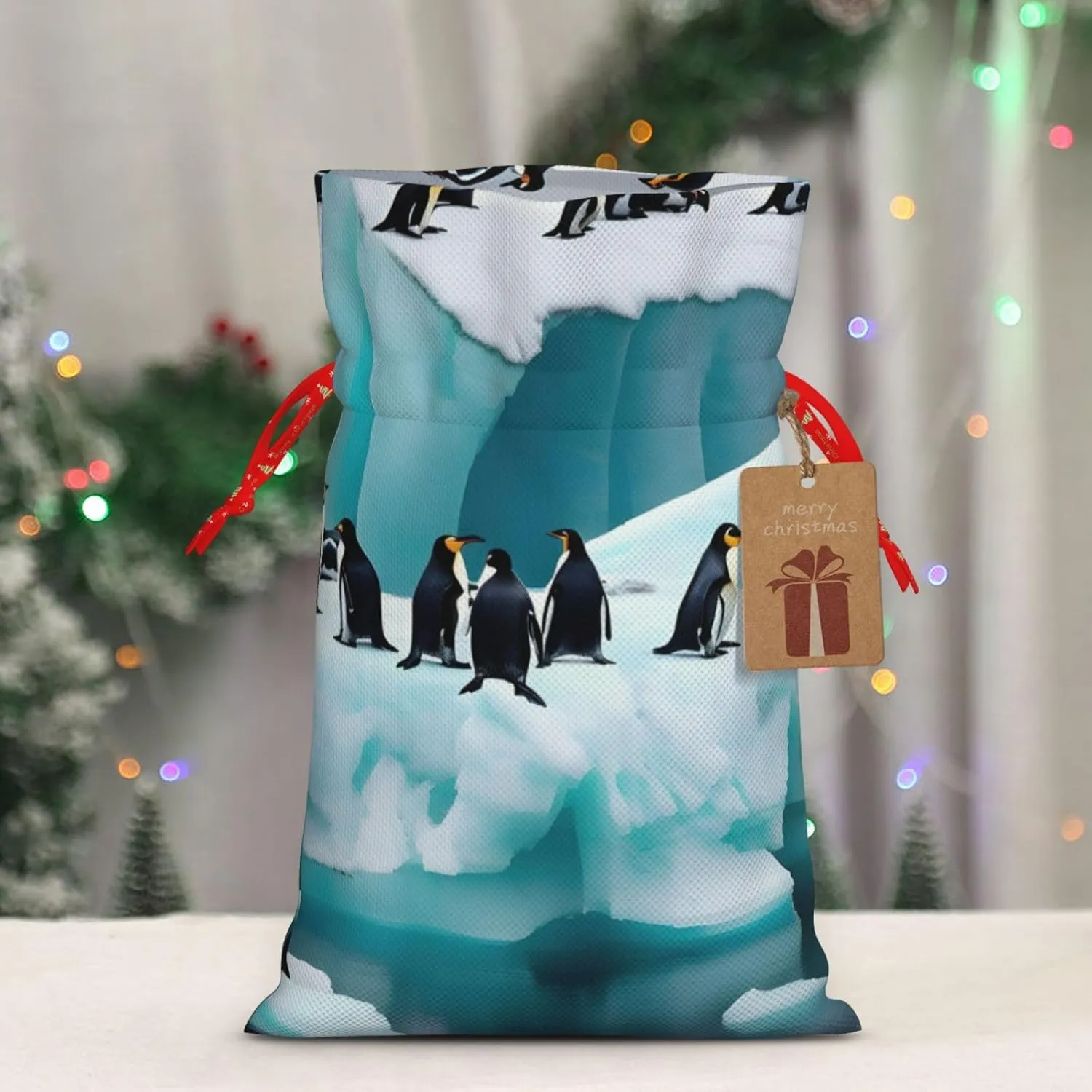 ZISHAK Penguins On The Iceberg Drawstring Fabric Gift Bags–ideal Holiday Gift Bags For Any Occasion