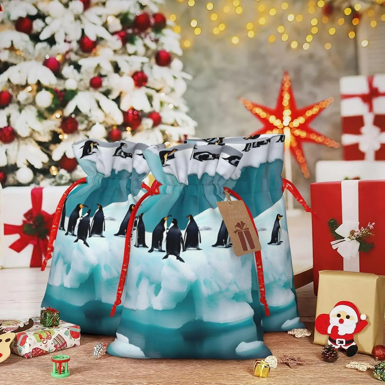 ZISHAK Penguins On The Iceberg Drawstring Fabric Gift Bags–ideal Holiday Gift Bags For Any Occasion